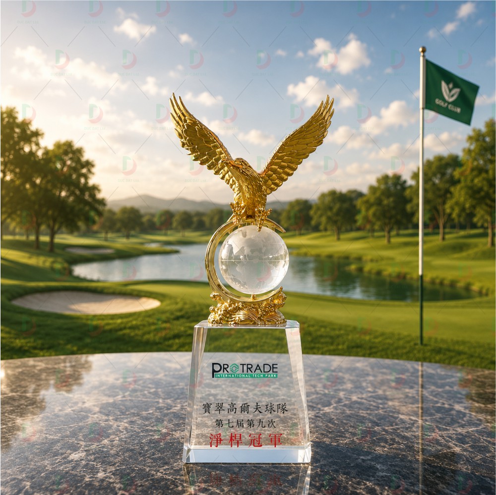 cup_the_thao__45_ Cúp Golf Pha Lê 005 đại bàng vàng tung cánh trên quả địa cầu pha lê