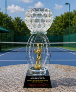 Cúp Tennis 013 - Cúp Pha Lê Dáng Tô Cắt Khía & Tượng Vàng 3D