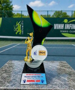 Cúp Tennis 018 - Cúp Pha Lê Ngọn Lửa Đen, Tượng Vàng & Bóng Tennis Đồ Họa 3D