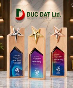Cúp Pha Lê Đế Gỗ 008 - Khối Gỗ Ngôi Sao Kim Loại In UV