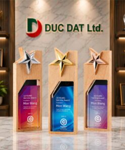 Cúp Pha Lê Đế Gỗ 011 - Khung Gỗ Ngôi Sao Kim Loại In UV